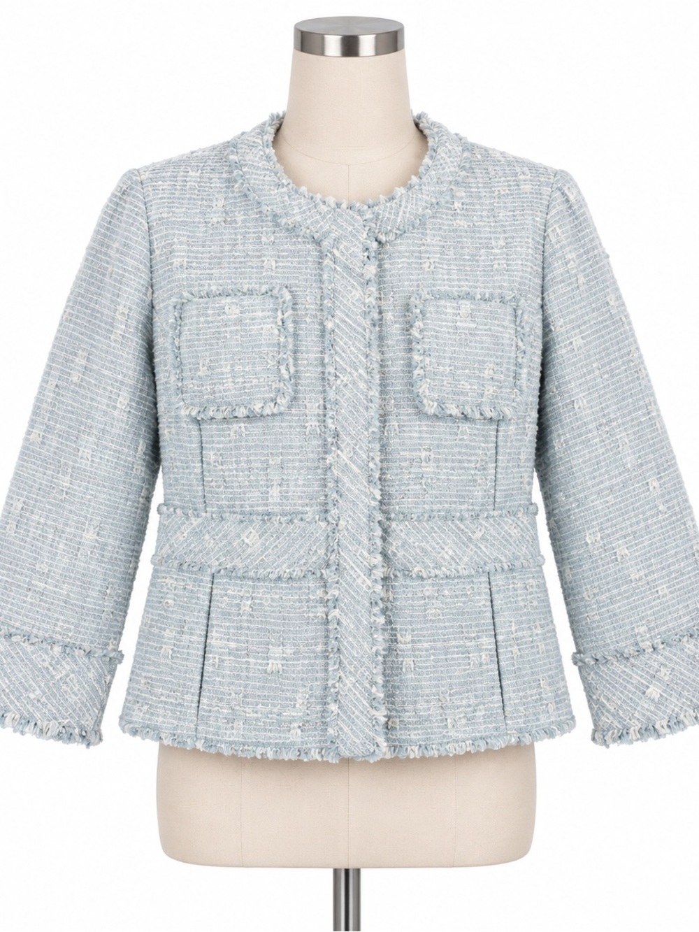 Lafayette 148 Jacket Womens 14 Blyss Blue Multi Tweed Frayed Edge Button Up Chic